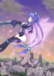 Rule 34 | 10s, 1girl, artist name, bad id, bad pixiv id, blue eyes, braid, breasts, city, cleavage cutout, clothing cutout, dated, flying, gloves, glowing, glowing wings, hair ornament, highres, leotard, long hair, looking to the side, neptune (neptunia), neptune (series), purerin, purple hair, purple heart (neptunia), solo, sword, symbol-shaped pupils, twin braids, very long hair, weapon, wings