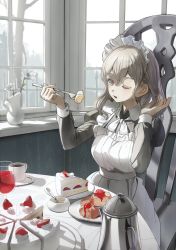 Rule 34 | 1girl, absurdres, alcohol, apron, black dress, breasts, brown eyes, brown hair, cake, cake slice, chair, coffee, coffee mug, collared dress, commentary request, cup, dress, drinking glass, flower, food, fork, frilled apron, frills, fruit, hair between eyes, hands up, highres, holding, holding fork, indoors, juliet sleeves, long hair, long sleeves, looking at viewer, maid, maid apron, maid headdress, medium breasts, mug, on chair, original, plate, puffy sleeves, shii (kairi-t-k0317), sitting, solo, strawberry, strawberry shortcake, table, white apron, white flower, window, wine, wine glass
