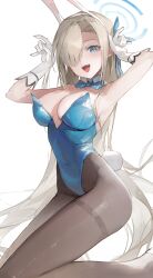 Rule 34 | 1girl, absurdres, asuna (blue archive), blue archive, blue eyes, breasts, cleavage, hair between eyes, highres, large breasts, leotard, light brown hair, long hair, medium breasts, open mouth, playboy bunny, rabbit ears, simple background, smile, solo, zombie ke