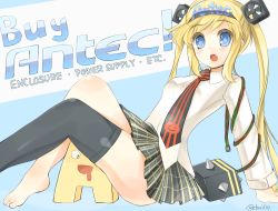 Rule 34 | 1girl, antec, antecco, antekkun, arm support, bad id, bad pixiv id, barefoot, blonde hair, blue eyes, drooling, feet, female focus, necktie, plaid, retorillo, single thighhigh, sitting, skirt, solo, thighhighs
