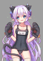 Rule 34 | 1girl, absurdres, animal ears, animal hands, black one-piece swimsuit, blue eyes, cat ears, cowboy shot, elsword, gloves, highres, horns, long hair, low twintails, luciela r. sourcream, name tag, one-piece swimsuit, paw gloves, pointy ears, purple hair, school swimsuit, smile, solo, swimsuit, tail, thighhighs, twintails, very long hair, wataru kuri