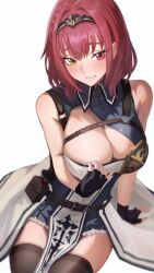 Rule 34 | 1girl, arm support, black gloves, breasts, brown thighhighs, cleavage, commentary request, cosplay, fingerless gloves, gloves, headpiece, heterochromia, highres, hololive, houshou marine, kobayashi (jna x rgh), large breasts, looking at viewer, red eyes, shirogane noel, shirogane noel (1st costume), shirogane noel (cosplay), short hair, simple background, smile, solo, thighhighs, virtual youtuber, white background, yellow eyes