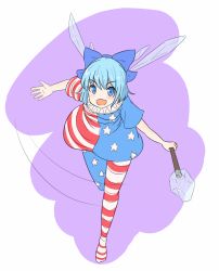 Rule 34 | 1girl, ajia (otya3039), american flag dress, american flag legwear, american flag shirt, blue eyes, blue hair, blush, bow, cirno, clownpiece, clownpiece (cosplay), cosplay, hair bow, ice, ice wings, looking at viewer, open mouth, pantyhose, short hair, short sleeves, simple background, sketch, stick, touhou, wings