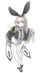 Rule 34 | 1girl, absurdres, arm up, black bow, black footwear, black headwear, black ribbon, blue eyes, bow, breasts, check copyright, closed mouth, commission, copyright request, elsword, frills, gogoco, grey hair, hand on own knee, highres, large breasts, leaning forward, long hair, maid, ribbon, simple background, skindentation, smile, solo, white background, white legwear