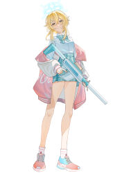 Rule 34 | 1girl, blonde hair, blue archive, blue halo, bomber jacket, bow, bowtie, clenched teeth, clothes down, collared shirt, crossed bangs, female focus, full body, genshin impact, green bow, green bowtie, green skirt, gun, hair between eyes, hairpin, halo, highres, holding, holding gun, holding weapon, jacket, looking at viewer, lumine (genshin impact), multiple hairpins, off shoulder, open clothes, open jacket, open mouth, pink jacket, plaid, plaid bow, plaid bowtie, plaid skirt, red footwear, shirt, short hair with long locks, sidelocks, simple background, skirt, socks, solo, standing, teeth, weapon, white background, white shirt, white socks, yaner 10, yellow eyes