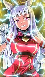 Rule 34 | 1girl, animal ears, armband, aura, belt, black belt, black headwear, blunt bangs, blunt ends, bow, bowtie, breasts, commentary, dragon ball, dragonball z, dress, electricity, gloves, gold ship (umamusume), grin, hand on own hip, highres, horse ears, horse girl, horse tail, kamishima kanon, large breasts, long hair, looking at viewer, pillbox hat, pointing, pointing at self, purple bow, purple bowtie, purple eyes, red dress, silver hair, sleeveless, sleeveless dress, smile, solo, standing, straight hair, super saiyan, super saiyan 2, tail, thumbs up, umamusume, white gloves