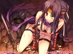 Rule 34 | 1girl, arm guards, arm support, artist name, bare shoulders, black hair, bleeding, blood, blunt bangs, blush, boots, bra, breasts, bruise, clenched teeth, defeat, female focus, fingerless gloves, fingernails, fishnets, from above, frown, game cg, game over, gloves, hair ribbon, headband, hime cut, indoors, injury, kasumi (kunoichi ga iku), knee boots, kneehighs, kneeling, kunoichi ga iku, legs, long fingernails, long hair, looking away, navel, ninja, nipples, on ground, panties, red eyes, ribbon, scar, scarf, scratches, sheath, shiny clothes, shiny skin, socks, softhouse-seal, solo, sweat, sword, teeth, text focus, thighs, torn bra, torn clothes, underwear, unsheathed, watermark, weapon, white panties, wince
