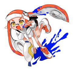 Rule 34 | 1girl, :d, bad id, bad twitter id, bent over, bike shorts, blush, hair ornament, highres, holding, holding weapon, ink tank (splatoon), inkling girl, inkling player character, nintendo, open mouth, orange hair, pointy ears, running, sasaki5 ika, shirt, shoes, short sleeves, simple background, sketch, smile, solo, splatoon (series), splatoon 3, splattershot (splatoon), tentacle hair, watermark, weapon, white background, white shirt, yellow eyes