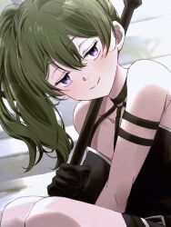Rule 34 | 1girl, arm strap, belt, belt buckle, black belt, black dress, black gloves, blush, breasts, buckle, closed mouth, collarbone, commentary request, double-parted bangs, dress, eyelashes, gloves, green hair, hair between eyes, highres, holding, holding staff, long bangs, long hair, looking at viewer, looking to the side, mage staff, omichi 1219, purple eyes, side ponytail, sleeveless, sleeveless dress, smile, solo, sousou no frieren, staff, thighs, turning head, ubel (sousou no frieren)