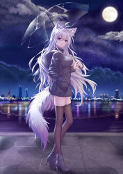 Rule 34 | 1girl, absurdres, animal ear fluff, animal ears, antenna hair, black jacket, black thighhighs, breasts, chain, fox ears, fox girl, fox tail, from side, full body, full moon, hair between eyes, hand in pocket, high heels, highres, holding, holding umbrella, hood, hood down, hooded jacket, jacket, kirby d a, long hair, looking at viewer, medium breasts, moon, nail polish, night, original, outdoors, purple eyes, resolution mismatch, silver hair, sky, solo, source smaller, standing, star (sky), starry sky, tail, thighhighs, transparent, transparent umbrella, umbrella, very long hair, zettai ryouiki