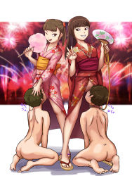 Rule 34 | 2boys, 2girls, barefoot, blunt bangs, breasts, brown eyes, brown hair, clothed female nude male, collar, collarbone, completely nude, cunnilingus, female pubic hair, femdom, fireworks, food, grin, hand on another&#039;s head, highres, japanese clothes, kimono, kneeling, leash, long hair, looking at viewer, medium hair, multiple boys, multiple girls, nude, one eye closed, open mouth, oral, original, outdoors, pubic hair, pussy, shoes, small breasts, smile, standing, tongue, ttl, wink