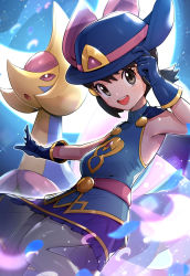 Rule 34 | 1girl, armpits, black hair, blue gloves, breasts, cape, creatures (company), cresselia, dawn (pokemon), dawn (sygna suit) (pokemon), game freak, gen 4 pokemon, gloves, gonzarez, grey eyes, hat, highres, holding, holding clothes, holding hat, legendary pokemon, moon, moonlight, nintendo, official alternate costume, open mouth, petals, pokemon, pokemon (creature), pokemon masters ex, small breasts, sparkle
