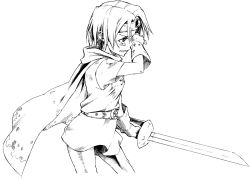 Rule 34 | 1girl, bad id, bad pixiv id, cape, chunsoft, cowboy shot, dragon quest, dragon quest iii, enix, from side, gloves, greyscale, holding, holding sword, holding weapon, kotoyama, monochrome, pantyhose, roto (dq3), simple background, solo, sword, weapon, white background
