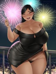 Rule 34 | 1girl, absurdres, alcohol, bad id, bad twitter id, bare shoulders, black dress, black hair, blush, breasts, champagne, cleavage, cleavage cutout, clothes lift, clothing cutout, dress, dress lift, eyeshadow, female focus, female pubic hair, fireworks, green eyes, highres, huge breasts, legs together, lifting own clothes, looking at viewer, makeup, night, no bra, no panties, open mouth, outdoors, plump, pubic hair, railing, self exposure, smile, solo, thick thighs, thighs, toroboro, wide hips