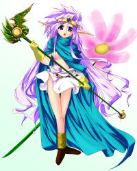 Rule 34 | 1girl, bella (dq5), blush, breasts, cape, circlet, dragon quest, dragon quest v, dress, female focus, flower, full body, gradient background, hero (dq5), highres, if they mated, long hair, medium breasts, midriff, no bra, no panties, open mouth, oushi, plant, pointy ears, purple eyes, purple hair, short dress, skirt, solo, staff, standing, underboob, white background, white dress