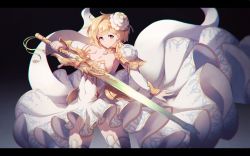 Rule 34 | 1girl, armor, blonde hair, breasts, cleavage, closed mouth, commentary, detached sleeves, djeeta (granblue fantasy), dress, flower, glorybringer (granblue fantasy), granblue fantasy, hair flower, hair ornament, highres, holding, holding sword, holding weapon, large breasts, legs apart, letterboxed, looking at viewer, pauldrons, short hair, shoulder armor, smile, solo, standing, sword, totoya z, weapon, white dress, white flower, yellow eyes