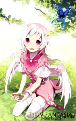 Rule 34 | 1girl, angel wings, belt, bracelet, bug, butterfly, clover, dress, four-leaf clover, hijiri (resetter), insect, jewelry, long hair, open mouth, pink dress, pink hair, pink skirt, pixiv fantasia, pixiv fantasia sword regalia, shirt, sitting, skirt, smile, solo, thighhighs, tree, white thighhighs, wings, zettai ryouiki