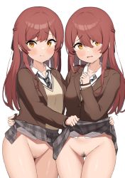 Rule 34 | 2girls, absurdres, assisted exposure, blush, clothes lift, female pubic hair, highres, idolmaster, idolmaster shiny colors, multiple girls, necktie, no panties, osaki amana, osaki tenka, plaid, plaid skirt, pleated skirt, presenting another, pubic hair, red hair, school uniform, siblings, sisters, skirt, skirt lift, sweater, twins, wanimaru