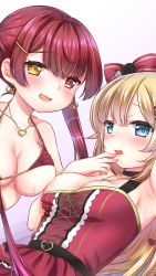 Rule 34 | 2girls, akai haato, akai haato (gothic lolita), bikini, blonde hair, blue eyes, blush, bow, breast press, breasts, cleavage, cropped, earrings, fang, finger to mouth, hair bow, hair ornament, hair ribbon, heart, heart earrings, heart necklace, heterochromia, highres, hololive, houshou marine, houshou marine (summer), implied yuri, jewelry, kanon kei, long hair, multiple girls, necklace, one breast out, open mouth, pussy juice, red eyes, red hair, ribbon, smile, sweat, swimsuit, symmetrical docking, twintails, virtual youtuber, x hair ornament, yellow eyes
