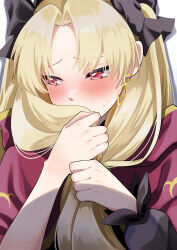 Rule 34 | 1girl, absurdres, averting eyes, black ribbon, blonde hair, blush, cape, check commentary, commentary, commentary request, covering own mouth, earrings, ereshkigal (fate), fate/grand order, fate (series), fuku dan, hair ribbon, highres, holding, holding own hair, jewelry, parted bangs, red cape, red eyes, ribbon, shadow, simple background, single sleeve, white background