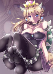Rule 34 | 1girl, armlet, bare shoulders, black pantyhose, blonde hair, blue eyes, blush, bowsette, bracelet, breasts, cleavage, collar, crown, dress, feet, foot focus, highres, horns, jewelry, large breasts, long hair, looking at viewer, mario (series), new super mario bros. u deluxe, nintendo, nyx (mebius no wa), pantyhose, pointy ears, ponytail, sitting, smile, soles, solo, spiked armlet, spiked bracelet, spiked collar, spikes, super crown, toes, tongue, tongue out, zoom layer