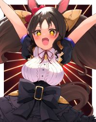 Rule 34 | + +, 1girl, absurdres, animal ears, arms up, blush, breasts, brown hair, fang, hair ribbon, highres, horse ears, horse girl, horse tail, large breasts, long hair, looking at viewer, marvelous sunday (umamusume), misonikomi, open mouth, ribbon, solo, tail, twintails, umamusume, yellow eyes