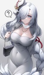 Rule 34 | 1girl, blue eyes, blush, braid, breasts, cleavage, cowboy shot, dress, earrings, erbium, genshin impact, gradient eyes, grey hair, hair ornament, hair over one eye, highres, holding, jewelry, large breasts, long hair, looking at viewer, low-braided long hair, low-tied long hair, mole, mole on breast, multicolored eyes, necklace, shenhe (genshin impact), sidelocks, solo, very long hair, white background, white dress, white hair