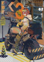 Rule 34 | 1girl, ahoge, arknights, back, backpack, bag, black footwear, black gloves, brown pants, closed mouth, commentary, cross-laced footwear, detached wings, english text, exusiai (arknights), eyes visible through hair, from behind, full body, gloves, goggles, goggles on head, hair between eyes, halo, unworn headwear, helmet, unworn helmet, highres, holding, holding helmet, hood, hoodie, looking at viewer, looking back, motor vehicle, motorcycle, orange eyes, pants, red eyes, road sign, shoes, short hair, sign, smile, sneakers, solo, traffic cone, traffic light, white hoodie, wings, youamo