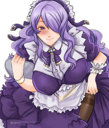 Rule 34 | 1girl, alternate costume, apron, blush, bow, bowtie, breasts, brown pantyhose, camilla (fire emblem), closed mouth, commentary, dress, english commentary, enmaided, fire emblem, fire emblem fates, hair over one eye, holding, holding tray, large breasts, long hair, looking at viewer, maid, maid headdress, nintendo, one eye covered, pantyhose, puffy short sleeves, puffy sleeves, purple bow, purple bowtie, purple dress, purple eyes, purple hair, short sleeves, sierra117renner, signature, simple background, smile, solo, tray, twitter username, waist apron, wavy hair, white apron, white background