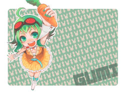 Rule 34 | 1girl, bad id, bad pixiv id, belt, carrot, goggles, goggles on head, green eyes, green hair, gumi, headphones, headset, matching hair/eyes, midriff, perspective, shiogoma, skirt, solo, vocaloid