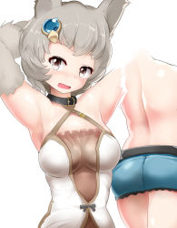 Rule 34 | 10s, 1girl, animal ears, arms up, ass, back, bad id, bad pixiv id, blush, detached sleeves, erune, granblue fantasy, grey eyes, grey hair, looking at viewer, mizuyan, open mouth, short hair, shorts, solo, stella (granblue fantasy), sutera (granblue fantasy)