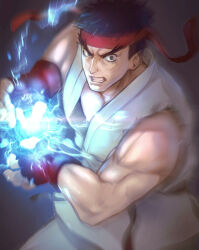 Rule 34 | 1boy, bare shoulders, belt, black belt, black eyes, black hair, boxing gloves, cowboy shot, dougi, electricity, electrokinesis, fighting stance, fingerless gloves, forked eyebrows, gloves, hadouken, headband, highres, hitsuji kusa, incoming attack, light particles, looking at viewer, male focus, motion blur, muscular, muscular male, parted lips, pectorals, red gloves, red headband, ryu (street fighter), serious, short hair, solo, street fighter, teeth