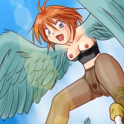 Rule 34 | 1girl, blue eyes, breasts, brown hair, feathers, female pubic hair, harpy, lowres, monster girl, nipples, open mouth, pantyhose, pubic hair, pussy, see-through, short hair, smile, solo, strapless, talons, tube top, wings