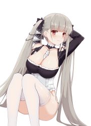 Rule 34 | 1girl, absurdres, arm behind head, ass, azur lane, bare shoulders, between breasts, black bow, black dress, black ribbon, blunt bangs, blush, bow, breasts, cleavage, closed mouth, collarbone, commentary, convenient leg, detached collar, dress, earrings, embarrassed, ero mang-a, feet out of frame, formidable (azur lane), frilled dress, frills, grey hair, hair bow, hair ribbon, highres, jewelry, large breasts, long hair, long sleeves, looking at viewer, no panties, red eyes, ribbon, simple background, sitting, solo, thighhighs, twintails, two-tone ribbon, very long hair, white background, white ribbon, white thighhighs