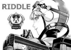 Rule 34 | 1girl, absurdres, animification, apex legends, from behind, gloves, goggles, goggles on headwear, greyscale, helmet, highres, hiraoka koushi, looking back, maron (gamer), monochrome, official alternate costume, own hands together, riddle order, signature, smile, solo, sqla, vodka (gamer), wattson (apex legends), white background, wired for speed wattson