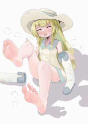 Rule 34 | 1girl, :d, absurdres, bare legs, barefoot, blonde hair, blunt bangs, blush, boots, braid, closed eyes, collared dress, commentary request, commission, creatures (company), dress, facing viewer, feet, flying sweatdrops, foot focus, game freak, hat, highres, holding, holding boots, holding clothes, holding footwear, knees, lillie (pokemon), long hair, lts kakuyo, nintendo, open mouth, pokemon, pokemon sm, short dress, sitting, skeb commission, sleeveless, sleeveless dress, smile, soles, solo, sweatdrop, toes, twin braids, unworn boots, white background