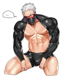 Rule 34 | 1boy, abs, artist request, crotch, male focus, mask, muscular, overwatch, overwatch 1, pectorals, scar, sitting, soldier: 76 (overwatch), solo, topless male