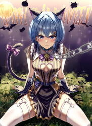 Rule 34 | 1girl, absurdres, animal ears, aria honmono, blue eyes, blue hair, cat ears, dress, fingerless gloves, gloves, halloween, highres, hololive, hoshimachi suisei, looking at viewer, sitting, solo, striped clothes, striped dress, vertical-striped clothes, vertical-striped dress, virtual youtuber