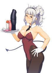 Rule 34 | 1girl, absurdres, anal beads, bare shoulders, blunt bangs, breasts, butt plug, cowboy shot, demon girl, demon horns, demon tail, detached collar, dildo, dyun, gloves, hand on own hip, helltaker, highres, holding, holding sex toy, holding tray, horns, large breasts, leotard, looking at viewer, lucifer (helltaker), mole, mole under eye, necktie, pantyhose, playboy bunny, ponytail, sex toy, simple background, sleeveless, solo, strapless, strapless leotard, tail, tray, white background, white hair