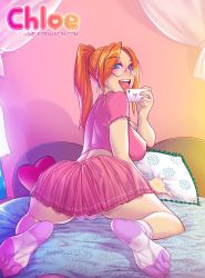 Rule 34 | 1girl, blush, breasts, cellphone, chloe (melkor mancin), cover, cover page, earrings, glasses, highres, iphone, jewelry, long hair, looking at viewer, looking back, melkor mancin, naughty face, orange hair, panties, phone, ponytail, skirt, smartphone, socks, tongue, underwear