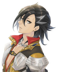 Rule 34 | 1boy, absurdres, armor, bishounen, black hair, chain, chain necklace, fate/grand order, fate (series), grey eyes, hair between eyes, hair strand, head tilt, highres, jacket, jewelry, leaning back, looking at viewer, male focus, mandricardo (fate), medium hair, multicolored hair, necklace, okuno naru (exoprsa), open clothes, open jacket, open shirt, parted lips, pauldrons, pectoral cleavage, pectorals, shoulder armor, simple background, solo, streaked hair, swept bangs, upper body, white hair