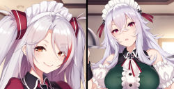 Rule 34 | 2girls, alternate costume, antenna hair, azur lane, bare shoulders, blush, breasts, brown eyes, closed mouth, commentary request, crossed bangs, detached sleeves, dress, eyes visible through hair, graf zeppelin (azur lane), hair between eyes, head tilt, highres, large breasts, long hair, looking at viewer, maid headdress, multicolored hair, multiple girls, multiple views, official art, parted lips, pokachu, prinz eugen (azur lane), red eyes, red hair, short sleeves, silver hair, sleeveless, sleeveless dress, smile, streaked hair, two side up