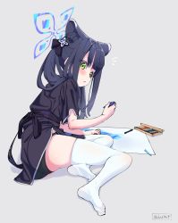 Rule 34 | aged down, animal ear fluff, animal ears, black dress, black hair, black panties, blue archive, blunt bangs, china dress, chinese clothes, crayon, drawing, dress, green eyes, halo, highres, hizikit, looking at viewer, on floor, panties, short sleeves, shun (blue archive), shun (small) (blue archive), thighhighs, tiger ears, tiger girl, underwear, white thighhighs