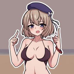 Rule 34 | 1girl, azur lane, bare arms, bare shoulders, beret, bikini, blue hat, blush, bow, breasts, brown bikini, brown hair, character name, collarbone, commentary request, grey eyes, hair between eyes, hands up, hat, hat bow, highres, looking at viewer, medium breasts, navel, open mouth, outline, rock zinc, solo, swimsuit, upper body, white bow, white outline, z23 (azur lane)