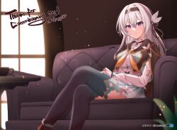 Rule 34 | 1girl, absurdres, aruvian13, black hairband, black jacket, breasts, collared shirt, commission, couch, cropped jacket, crossed legs, firefly (honkai: star rail), floating hair, grey hair, hair between eyes, hair ornament, hairband, highres, honkai: star rail, honkai (series), indoors, jacket, long hair, long sleeves, looking at viewer, medium breasts, neckerchief, on couch, orange neckerchief, ribbon, shirt, sitting, skirt, smile, thighhighs