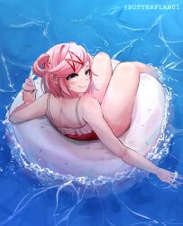 Rule 34 | 1girl, absurdres, afloat, artist name, bare shoulders, blush, butterflan01, closed mouth, commentary, cupcake, doki doki literature club, doughnut innertube, eyelashes, food, from above, from behind, full body, hair ornament, hair ribbon, highres, holding, holding food, innertube, looking at viewer, looking back, looking up, natsuki (doki doki literature club), on innertube, one-piece swimsuit, partially submerged, pink eyes, pink hair, red one-piece swimsuit, red ribbon, ribbon, romaji commentary, short hair, sitting, smile, soaking feet, soaking hands, solo, sprinkles, swept bangs, swim ring, swimsuit, twitter username, two side up, water, waves, x hair ornament