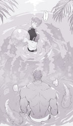 Rule 34 | 2boys, ball, beachball, commentary request, dagon (housamo), closed eyes, highres, hinokumo f, holding, holding ball, holding beachball, in water, jewelry, long sideburns, male focus, protagonist 1 (housamo), monochrome, multiple boys, muscular, muscular male, necklace, open mouth, palm leaf, ripples, short hair, sideburns, tentacles, tokyo houkago summoners, translated, upper body
