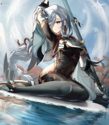 Rule 34 | 1girl, arm up, black bodysuit, bodysuit, braid, breast curtain, breasts, bridal gauntlets, calamity queller (genshin impact), closed mouth, covered navel, earrings, floating hair, full body, genshin impact, gold trim, grey eyes, grey hair, hair over one eye, high heels, highres, hip vent, holding, holding polearm, holding weapon, jewelry, large breasts, long hair, looking at viewer, low-braided long hair, low-tied long hair, luenar, outdoors, polearm, reflection, reflective water, shenhe (genshin impact), sitting, skin tight, snowflakes, solo, tassel, tassel earrings, thighs, very long hair, water, weapon, yokozuwari