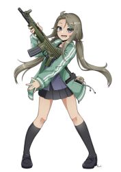 Rule 34 | 1girl, :d, absurdres, black footwear, black skirt, black socks, blue shirt, brown hair, cetme model l, commentary request, forehead, full body, green jacket, grey eyes, gun, hair ornament, hairclip, hand up, highres, holding, holding gun, holding weapon, jacket, kneehighs, loafers, long hair, long sleeves, low twintails, open clothes, open jacket, open mouth, original, paravene, parted bangs, pleated skirt, puffy long sleeves, puffy sleeves, school uniform, shirt, shoes, signature, simple background, skirt, sleeves past wrists, smile, socks, solo, twintails, very long hair, weapon, weapon request, white background