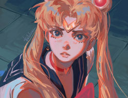Rule 34 | 1girl, bishoujo senshi sailor moon, blue eyes, blue sailor collar, choker, crescent, crescent earrings, derivative work, diadem, earrings, hair over shoulder, heart, heart choker, highres, jewelry, katalean, looking at viewer, meme, parted bangs, parted lips, red choker, sailor collar, sailor moon, sailor moon redraw challenge (meme), sailor senshi uniform, screenshot redraw, signature, solo, tsukino usagi, twintails, upper body